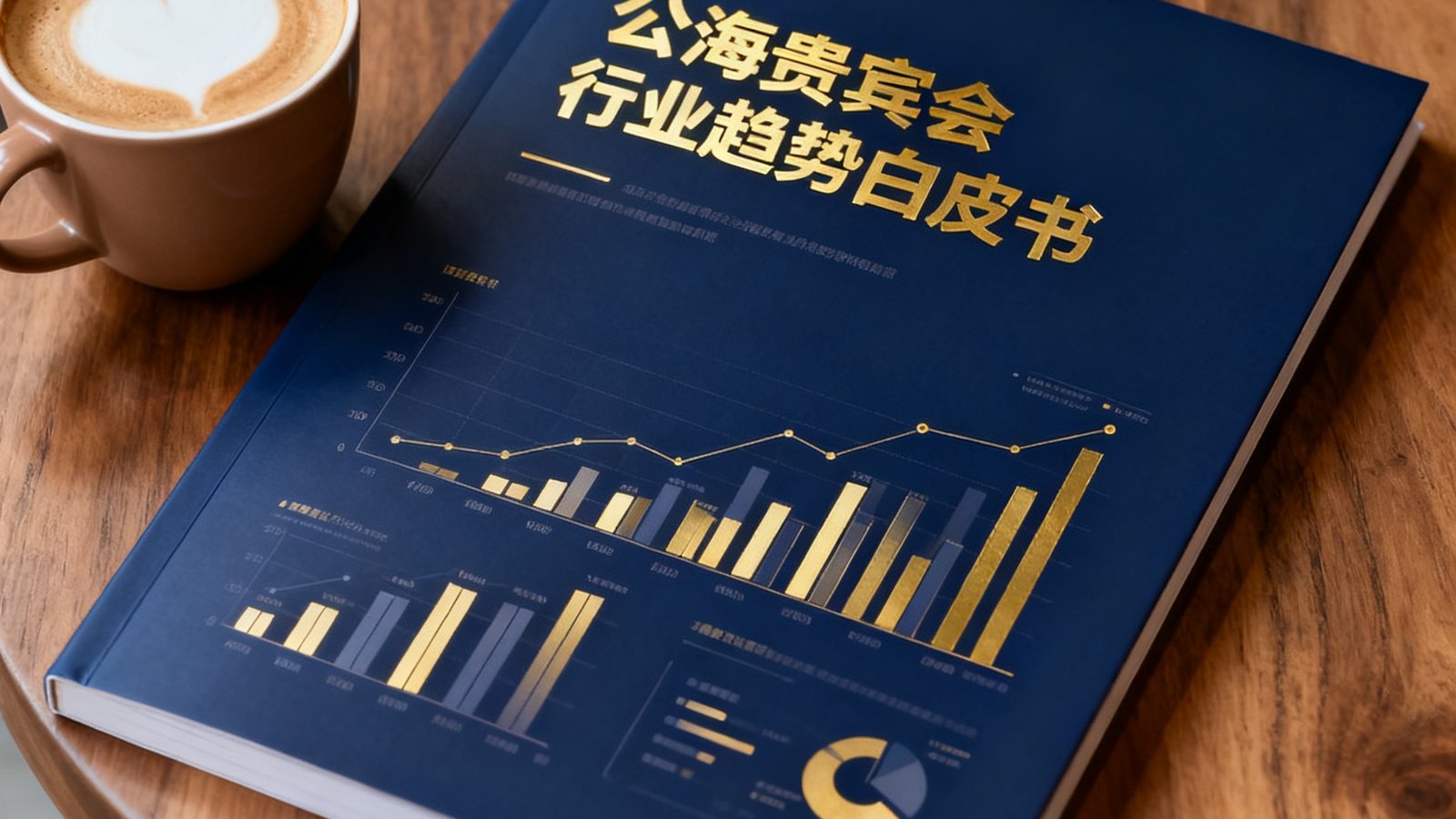 公海贵宾会最新发布的行业趋势白皮书封面，深蓝色调封面上印有金色标题与数据图表元素，摆放于办公桌上配合一杯咖啡