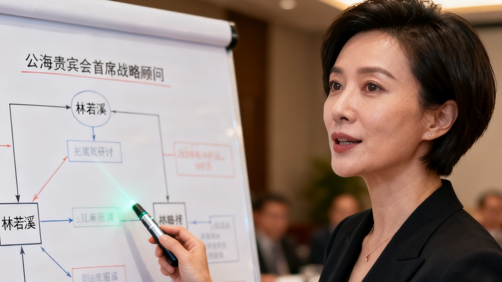 公海贵宾会首席战略顾问林若溪在闭门研讨会上发言，短发干练形象，手持激光笔指向白板上的战略框架图